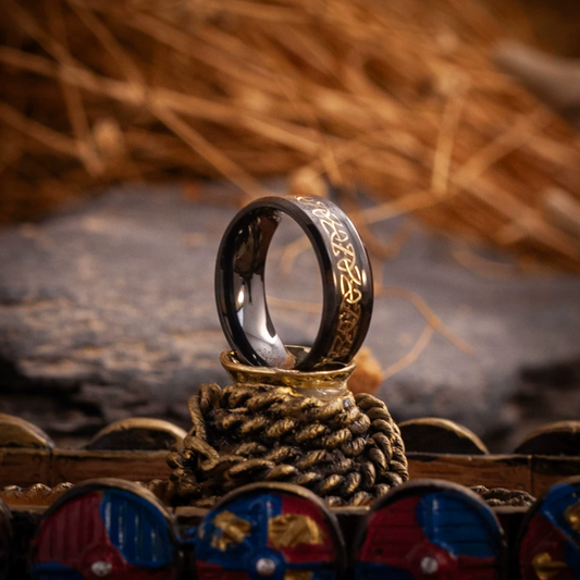 Kemstone Celtic Triquetra Black Gold Ring – 8mm Titanium Steel Men’s Band with Spiritual Symbol NWR-051532