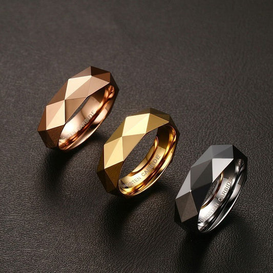 Kemstone 6MM Faceted Tungsten Steel Ring – Geometric Edge Durable Design Band TCR-033