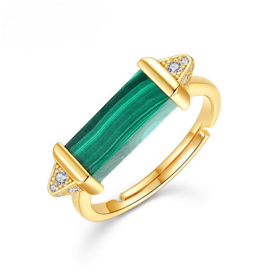 Anillo de malaquita y diamantes geométrico moderno, diseño original artesanal de Kemstone - Ajustable, plata S925, chapado en oro