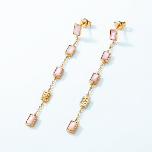 Kemstone Handcrafted Pink Shell Dangle Earrings – Geometric Design, S925 Sterling Silver, 0.39K Gold Plated