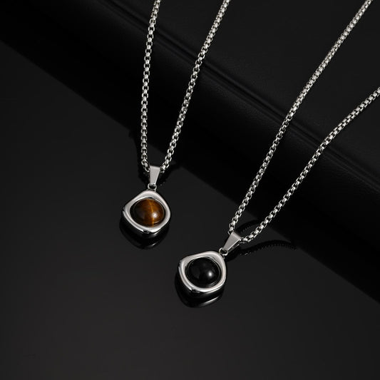 Kemstone Men’s Stainless Steel Pendant Necklace – Irregular Tiger Eye Onyx PN-2189