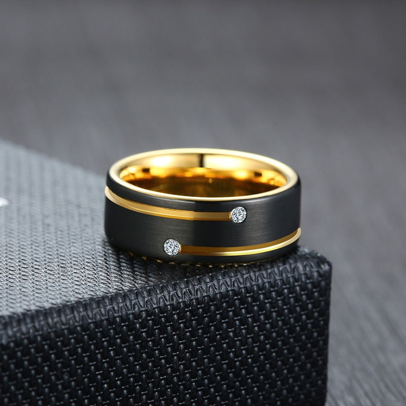 Kemstone Tungsten Ring – Black Gold Inlaid Zircon Slot Design Men’s Jewelry TCR-089