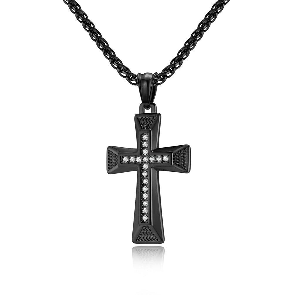 Kemstone Geometric Cross Pendant Necklace for Men Stainless Steel Stone Detail K-PT506