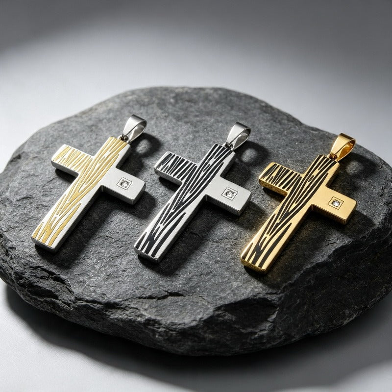 Kemstone Wood Grain Cross Pendant Necklace for Men Stainless Steel Cubic Zirconia Accent KP119491-HR