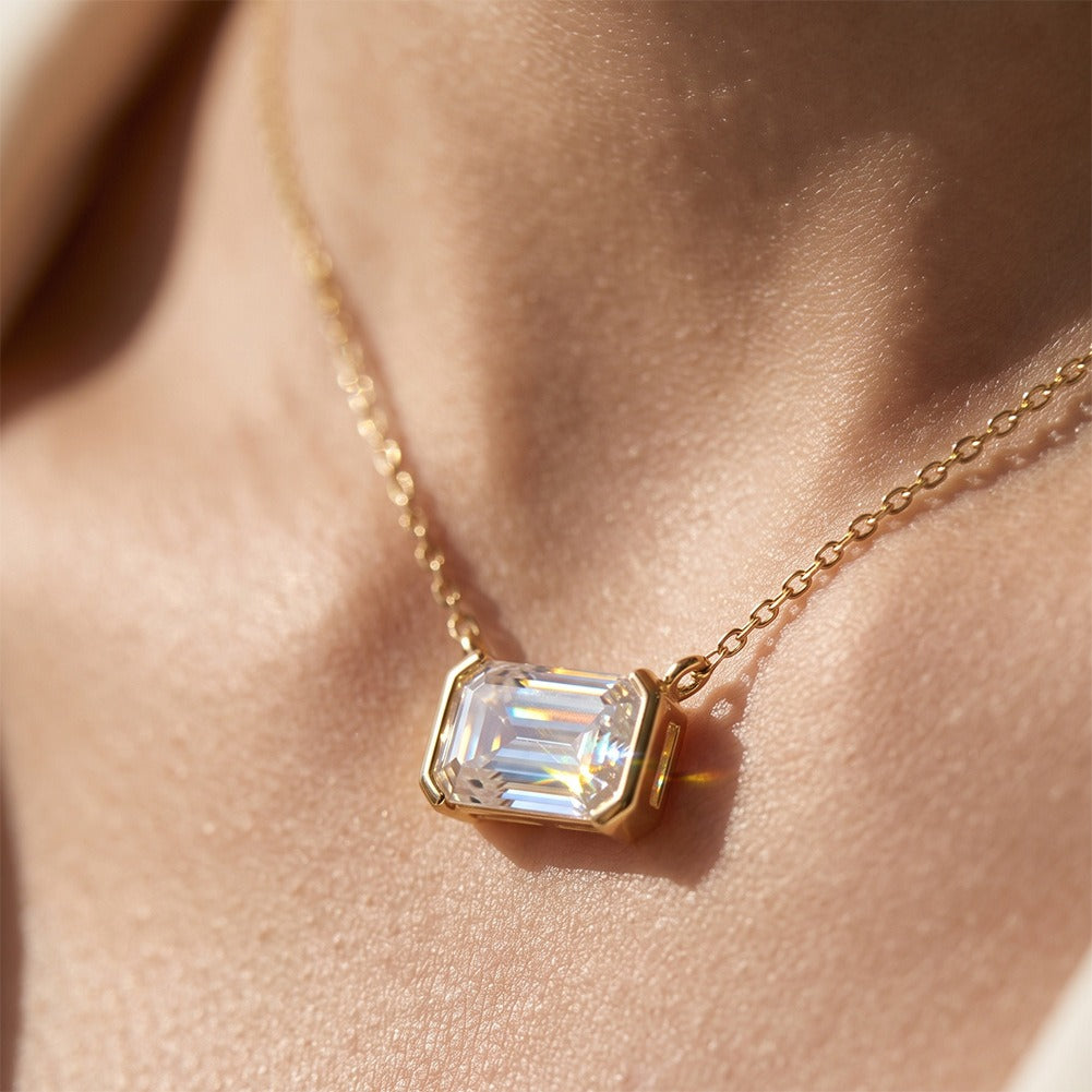 Kemston Emerald Cut Moissanite Pendant Necklace for Women 925 Sterling Silver SMON29