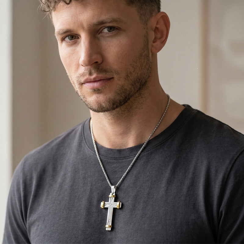Kemston Stainless Steel Geometric Cross Pendant Necklace for Men KP119531-KFC