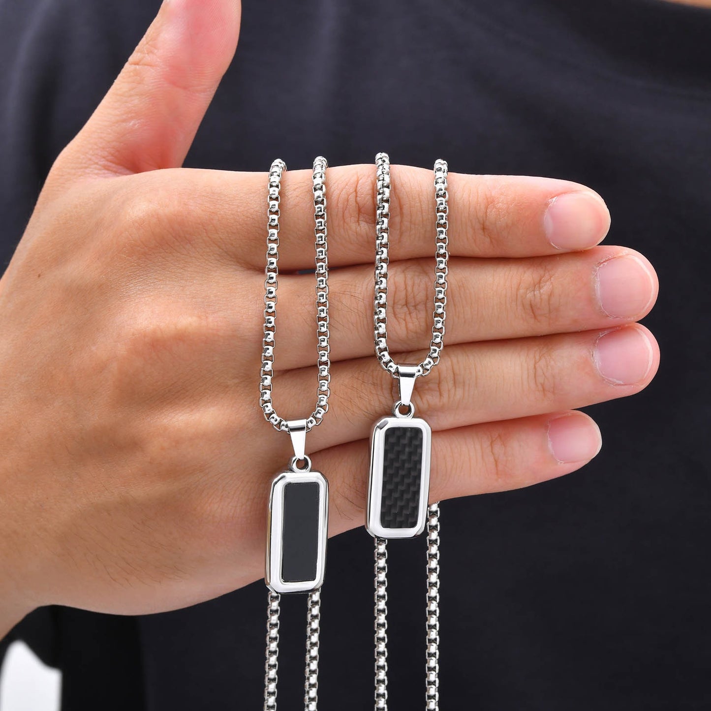 Kemston Carbon Fiber Pendant Necklace for Men Stainless Steel Black Rectangle Design PN-2319