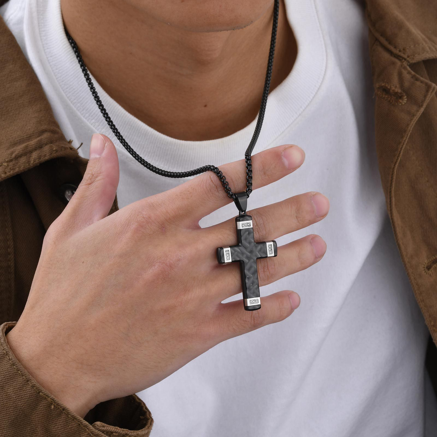 Kemstone Textured Cross Pendant Necklace for Men Stainless Steel Cubic Zirconia Accent PN-2104