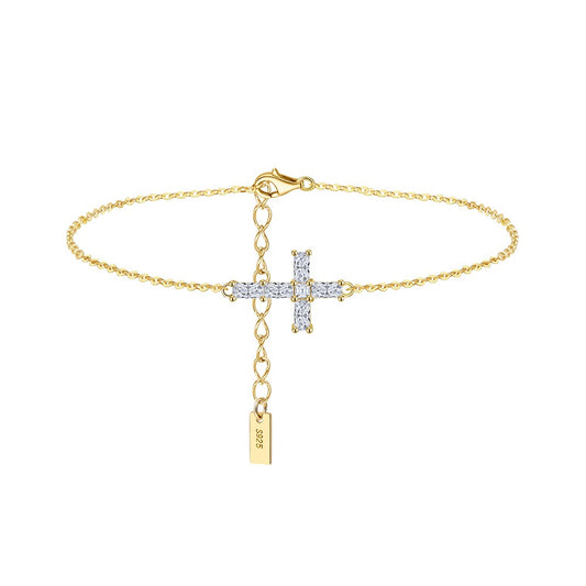 Kemston Moissanite Cross Bracelet for Women 925 Sterling Silver Gold Tone MOB03