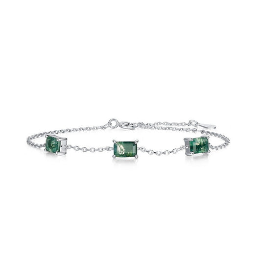 Pulsera de ágata musgosa de diseño original, hecha a mano por Kemstone - Diseño geométrico, plata de ley S925, chapada en oro blanco