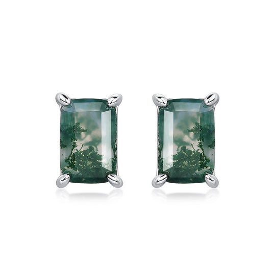 Pendientes de ágata musgosa de diseño original hechos a mano por Kemstone - Diseño geométrico, pendientes de botón de plata de ley S925 para mujer