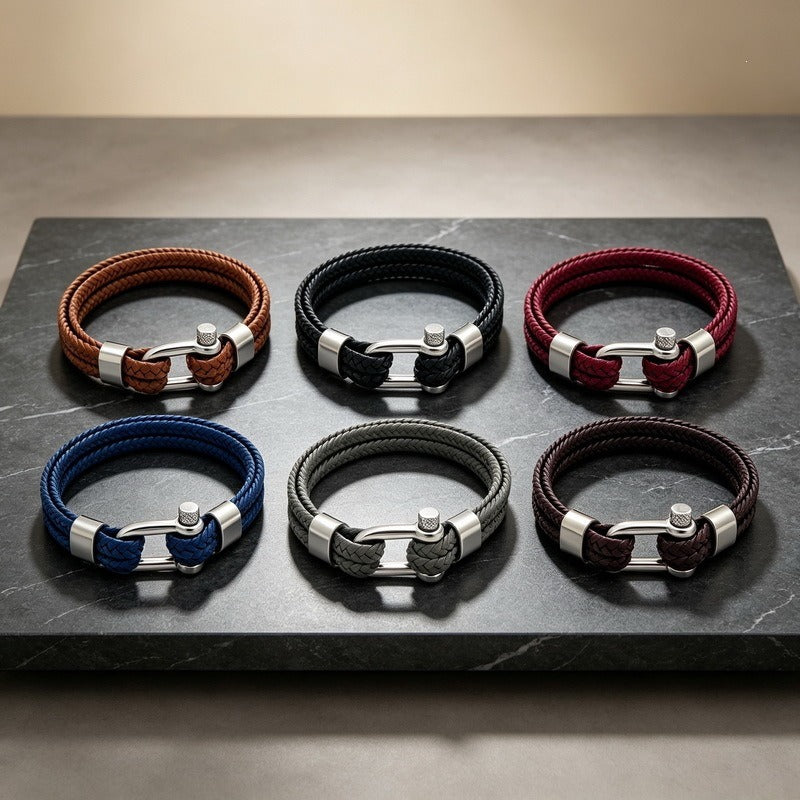 Kemstone Double Strand Braided Cord Bracelet for Men Stainless Steel Shackle Clasp KB214765-SJ