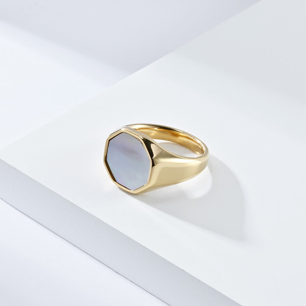 Kemstone Shell Inlay Ring for Men & Women Stainless Steel Hexagon Design K-R793