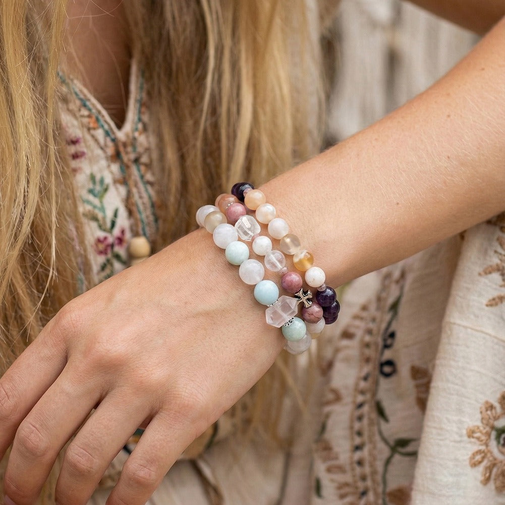Kemston Pink Natural Stone Bracelet for Women Strawberry Quartz Cross Charm GMB96