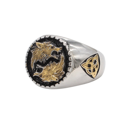 Kemstone Wolf Head Ring for Men Titanium Steel Nordic Knot Engraved R1847