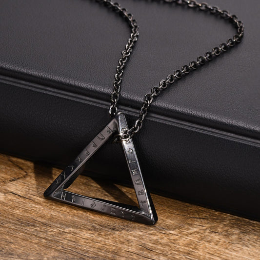 Kemstone Viking Runes Triangle Pendant Necklace – Stainless Steel Nordic Symbol Jewelry for Men Silver & Black PN-1707