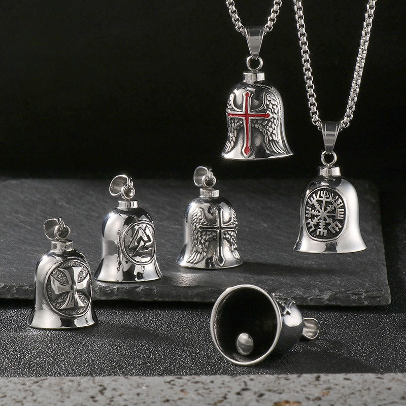 Kemstone Viking Symbol Bell Pendant Necklace for Men – Norse Masonic Cross Stainless Steel Biker Jewelry KP130935