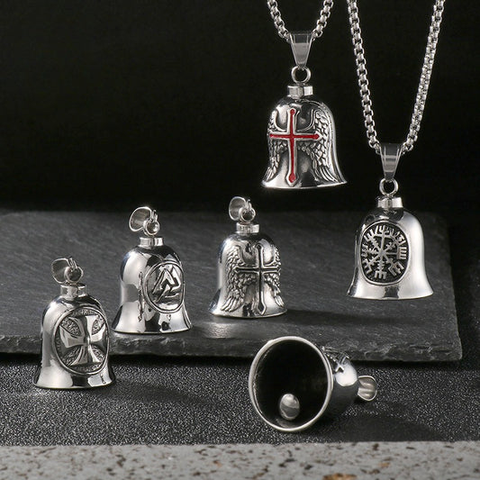 Kemstone Viking Symbol Bell Pendant Necklace for Men – Norse Masonic Cross Stainless Steel Biker Jewelry KP130935