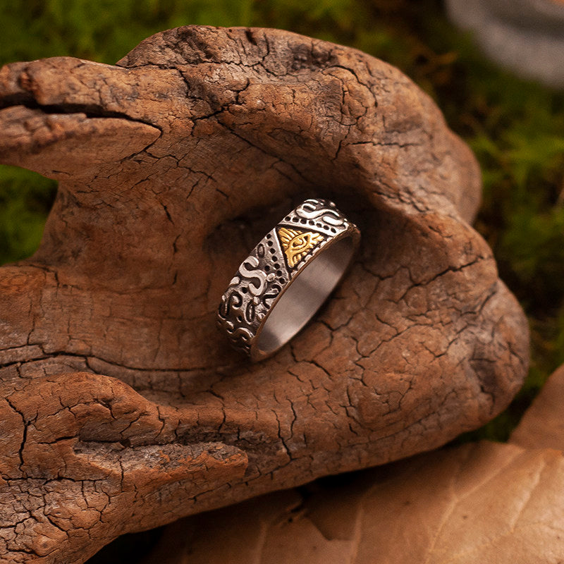 Kemstone Titanium Steel All-Seeing Eye Ring for Men – Gold Accents NW-JZ318
