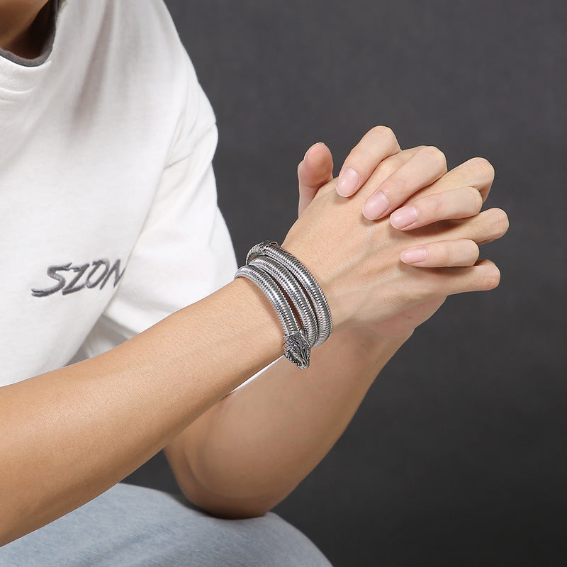 Kemstone Men’s Snake Bracelet – Punk Gothic Stainless Steel Cuff with Red/Green Eyes Norse-Inspired KB148287