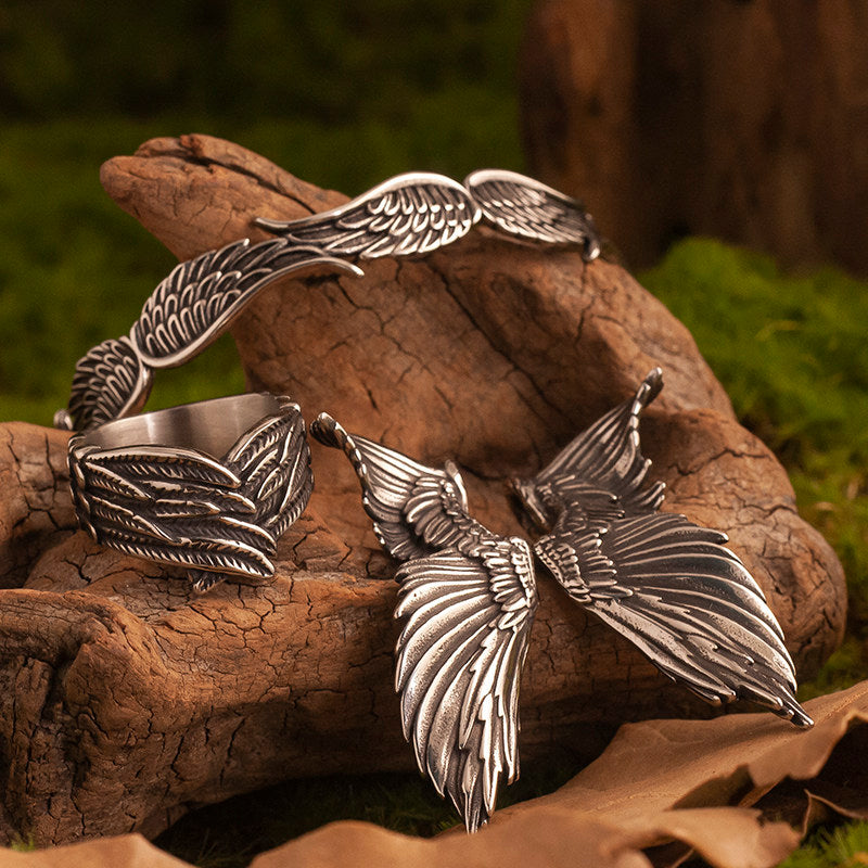 Kemstone Vintage Feather Design Titanium Steel Ring for Men – Angel’s Guardian Symbolism NW-TS276