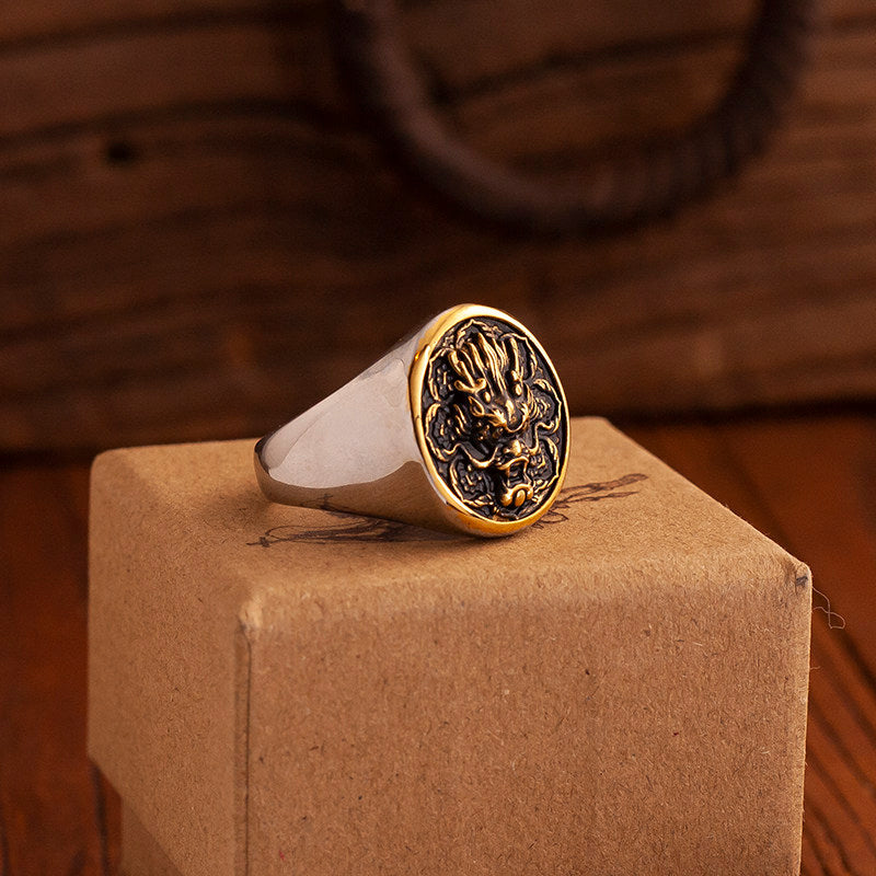 Kemstone Dragon Coin Signet Ring – Titanium Steel for Men NW-JZ238