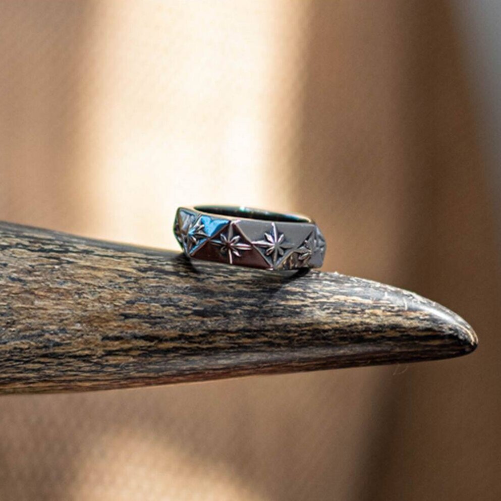 Kemstone Titanium Steel Eight Point Star Ring – Vintage Geometric Texture NW-JZ068