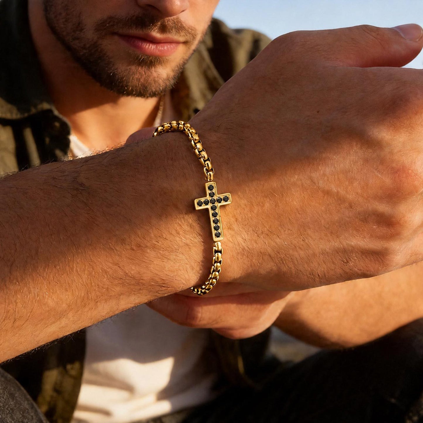 Kemstone Stainless Steel Cross Bracelet for Men Black Cubic Zirconia Box Chain BR-2766