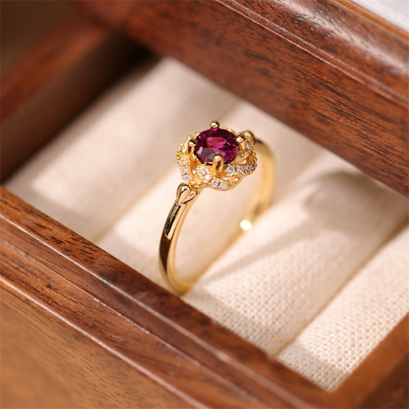 Kemstone Handcrafted Original Design Rose Nebula Garnet Ring in 18K Gold-Plated 925 Sterling Silver, Vintage Romantic Design with Zircon Accents
