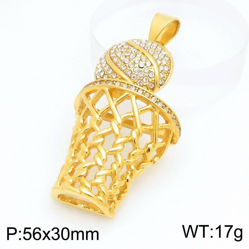 Kemstone Basketball Hoop Coin Pendant Necklace for Men – Rhinestone Titanium Steel Hip Hop Style KP117911-MZOZ
