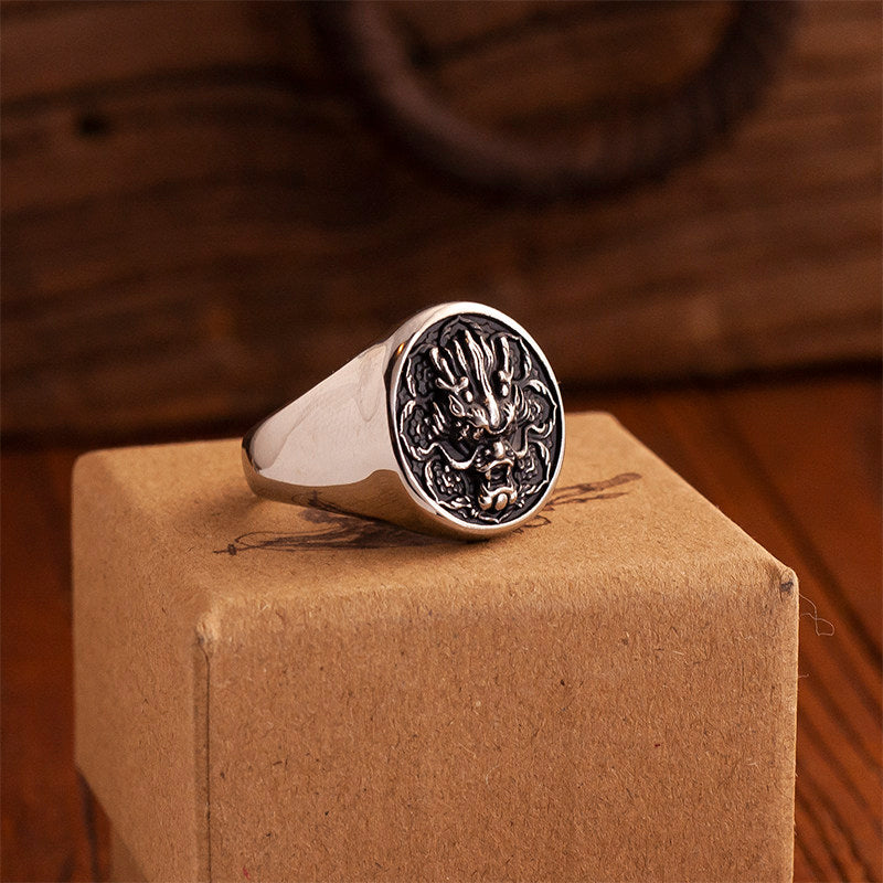 Kemstone Dragon Coin Signet Ring – Titanium Steel for Men NW-JZ238