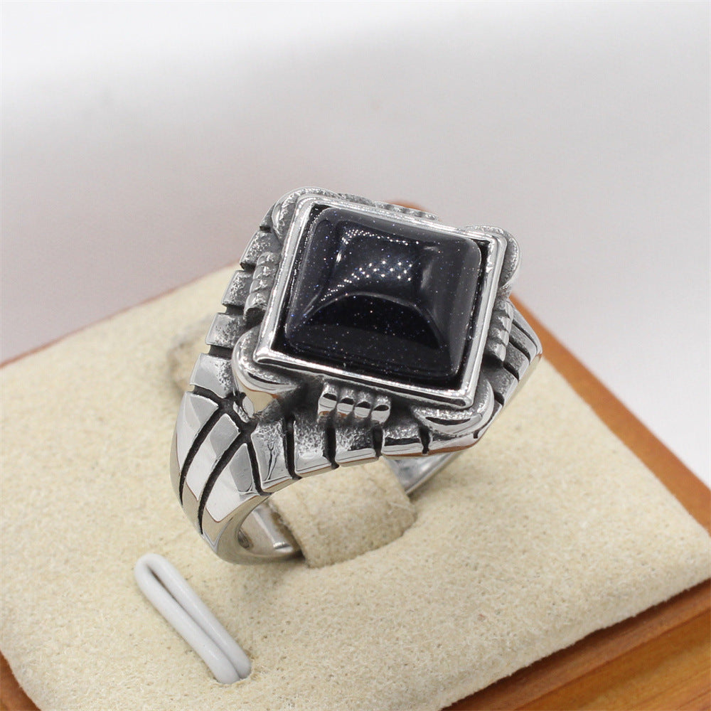 Kemstone Titanium Steel Square Stone Signet Ring for Men R1699