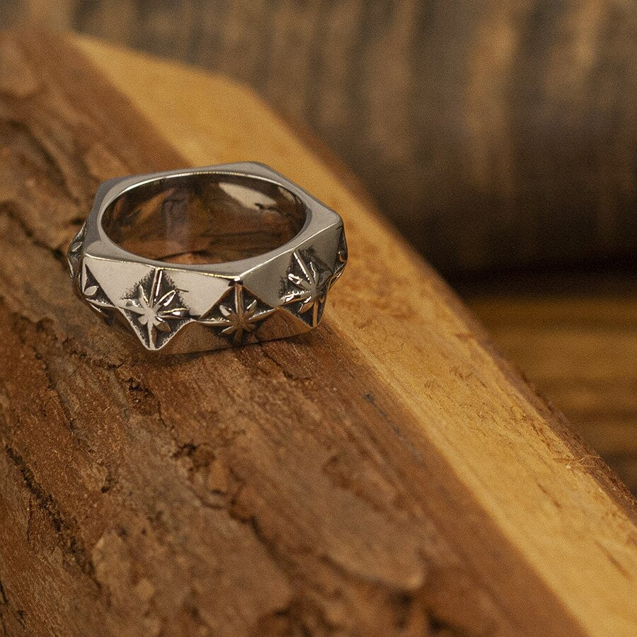Kemstone Titanium Steel Eight Point Star Ring – Vintage Geometric Texture NW-JZ068