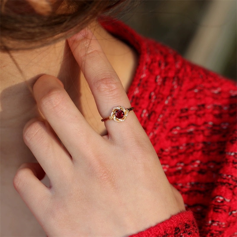 Kemstone Handcrafted Original Design Rose Nebula Garnet Ring in 18K Gold-Plated 925 Sterling Silver, Vintage Romantic Design with Zircon Accents