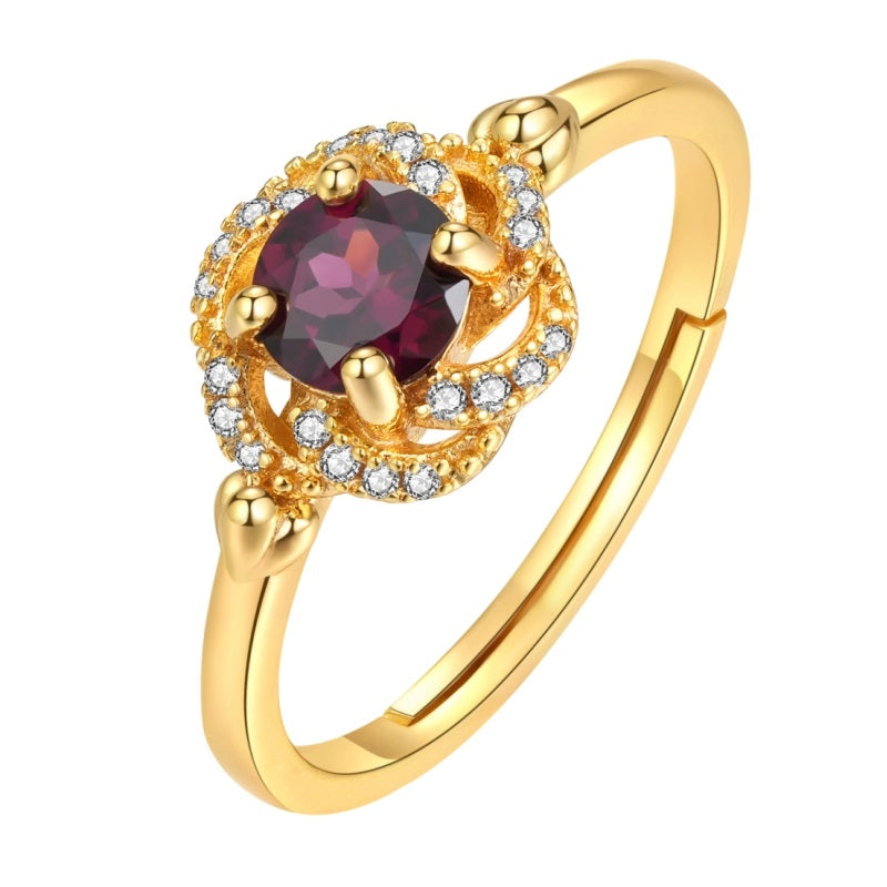 Kemstone Handcrafted Original Design Rose Nebula Garnet Ring in 18K Gold-Plated 925 Sterling Silver, Vintage Romantic Design with Zircon Accents