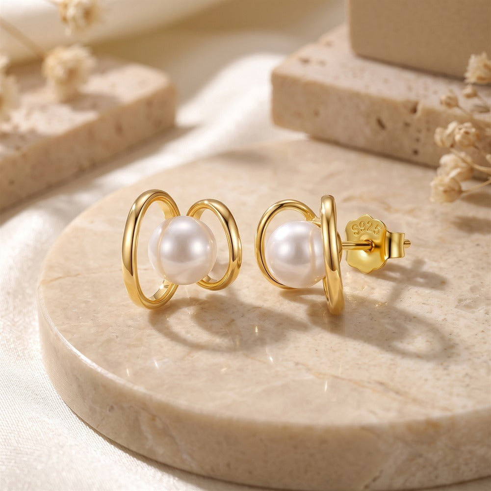 Kemstone Double Loop Shell Pearl Stud Earrings for Women 925 Sterling Silver PSE16
