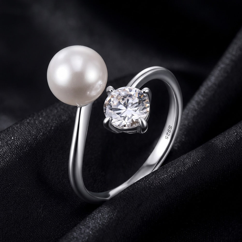 Kemstone Pearl Open Ring for Women 925 Sterling Silver Cubic Zirconia PSR01