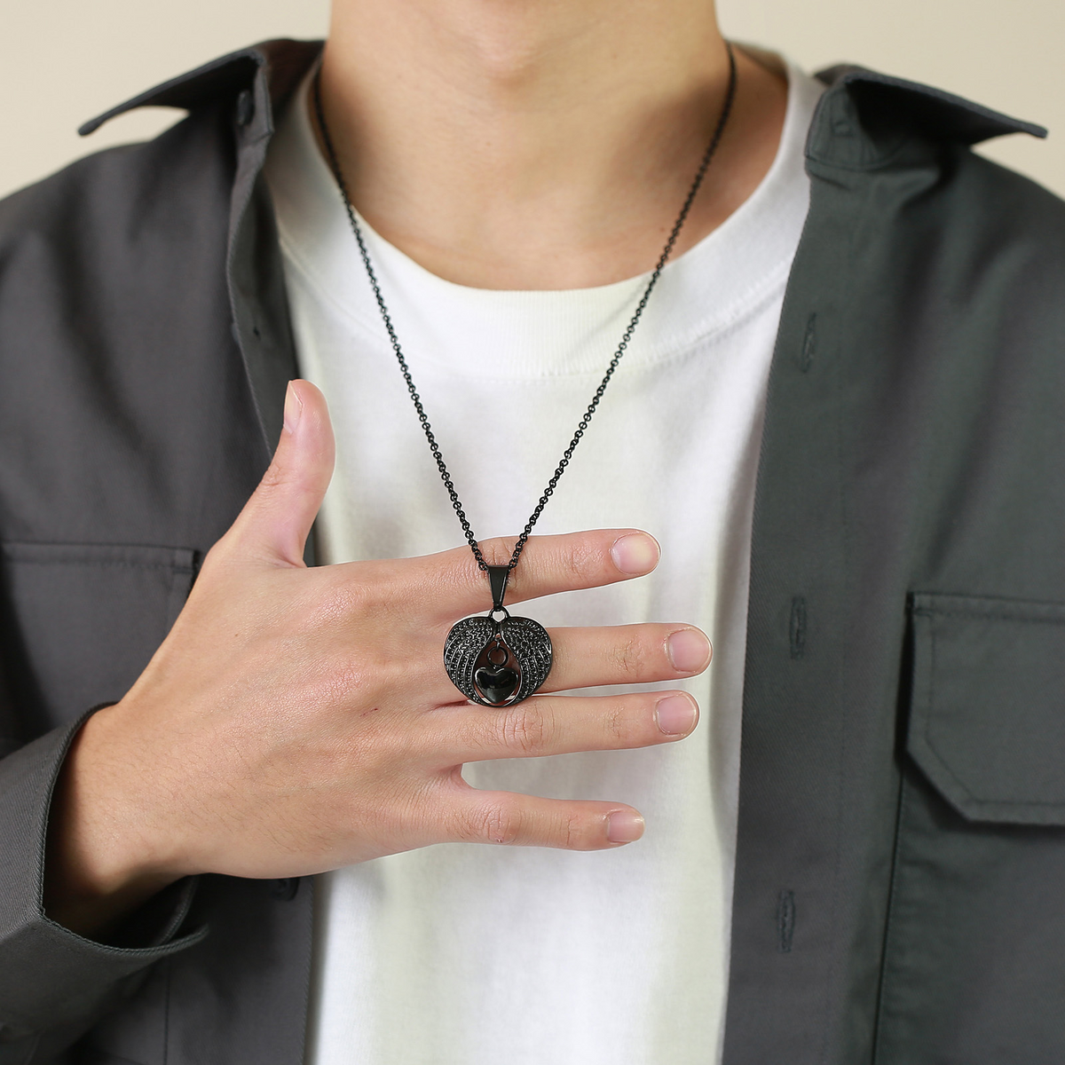 Kemstone Openable Winged Heart Necklace for Men Stainless Steel Black PN-1523