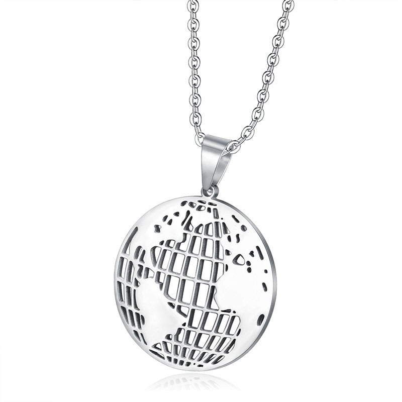 Kemston World Map Pendant Necklace for Men 316L Stainless Steel Openwork TN0186