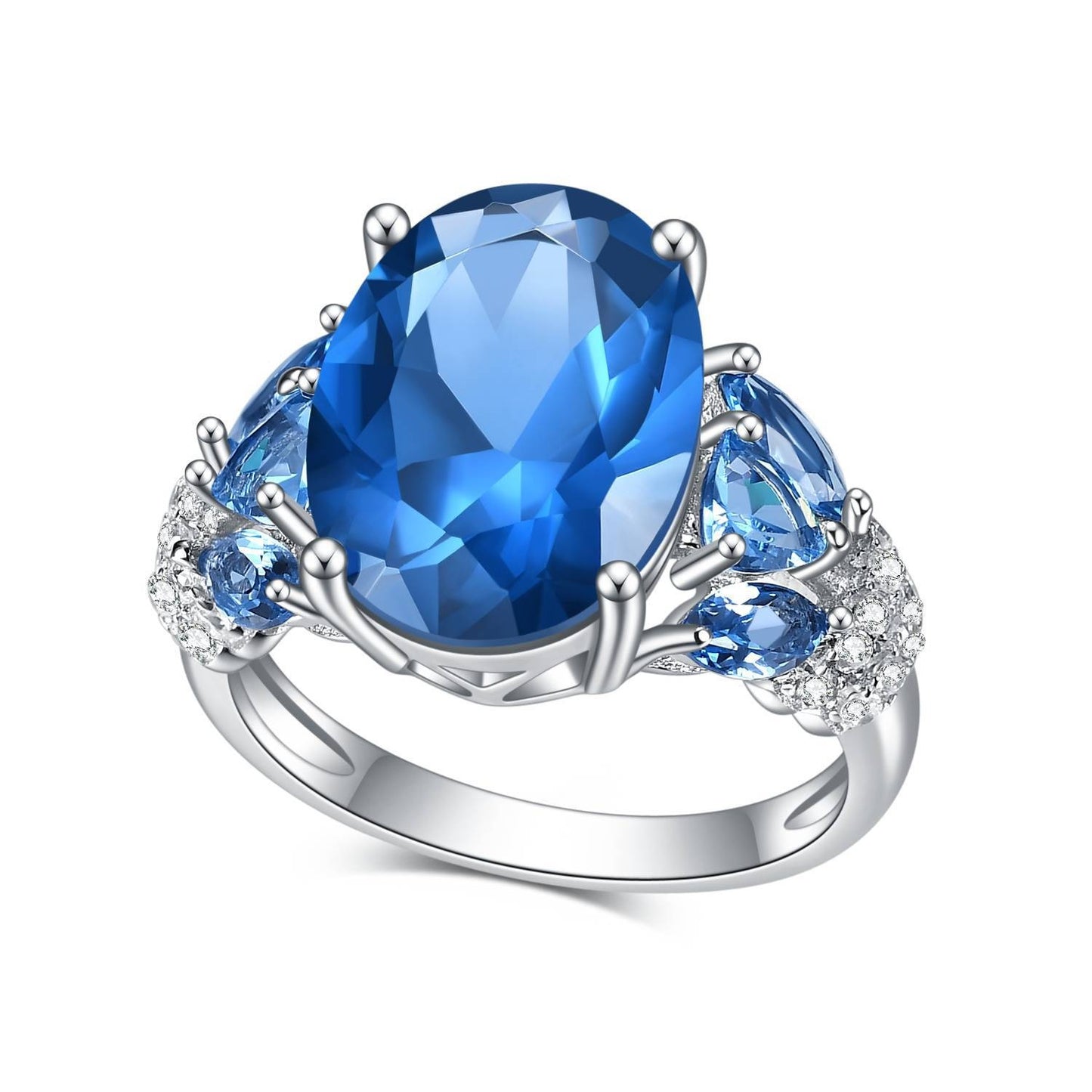 Anillo de espinela azul de laboratorio de 7,0 quilates, diseño original artesanal de Kemstone. Diseño ovalado clásico. Engaste en plata de ley 925. K244281E.