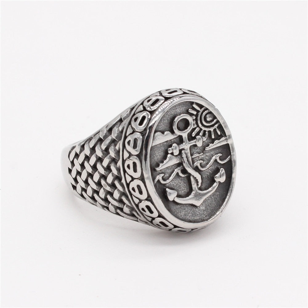 Kemstone Anchor Signet Ring for Men Titanium Steel Textured Sides R1283