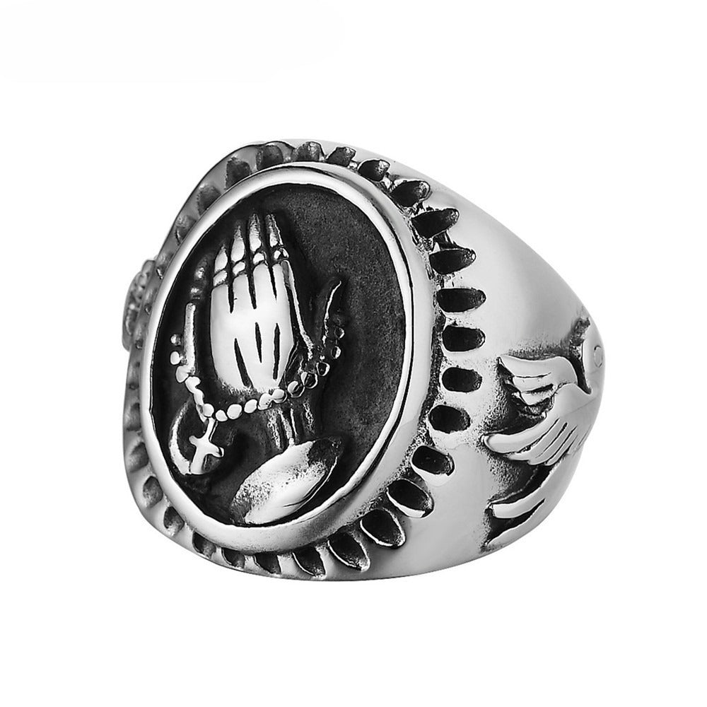 Kemstone Praying Hands Ring for Men Titanium Steel Dove Relief Vintage Oval R0297