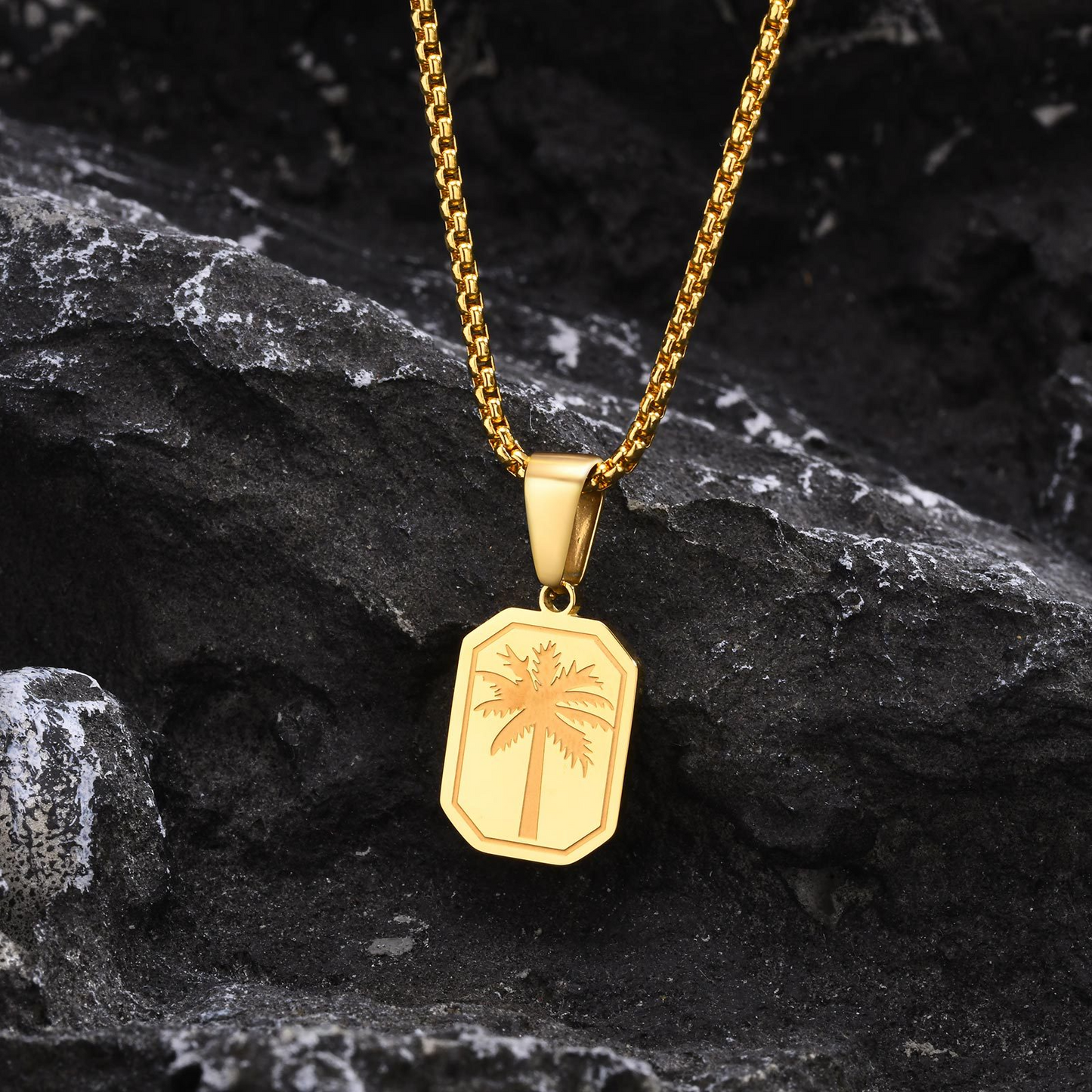 Kemstone Stainless Steel Palm Tree Pendant Necklace – Etched Rectangle Tag, Gold Silver PN-1990
