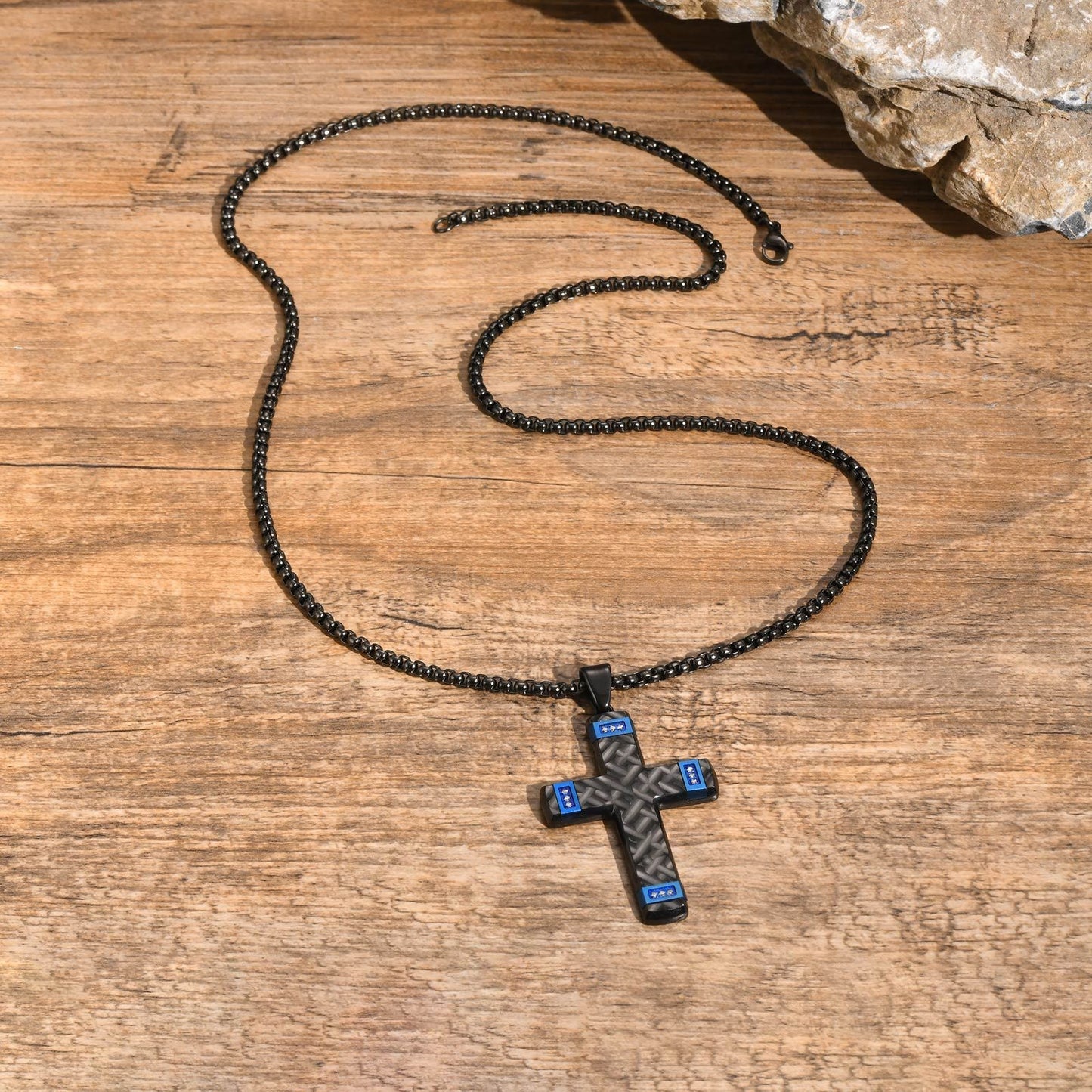 Kemstone Textured Cross Pendant Necklace for Men Stainless Steel Cubic Zirconia Accent PN-2104