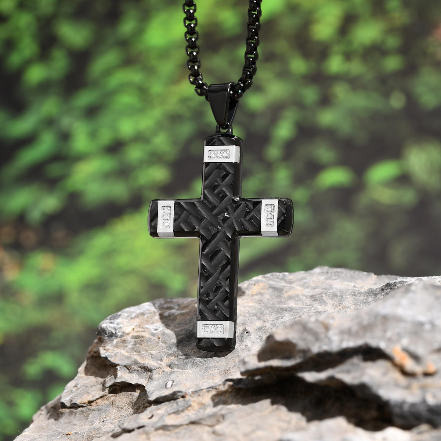 Kemstone Textured Cross Pendant Necklace for Men Stainless Steel Cubic Zirconia Accent PN-2104