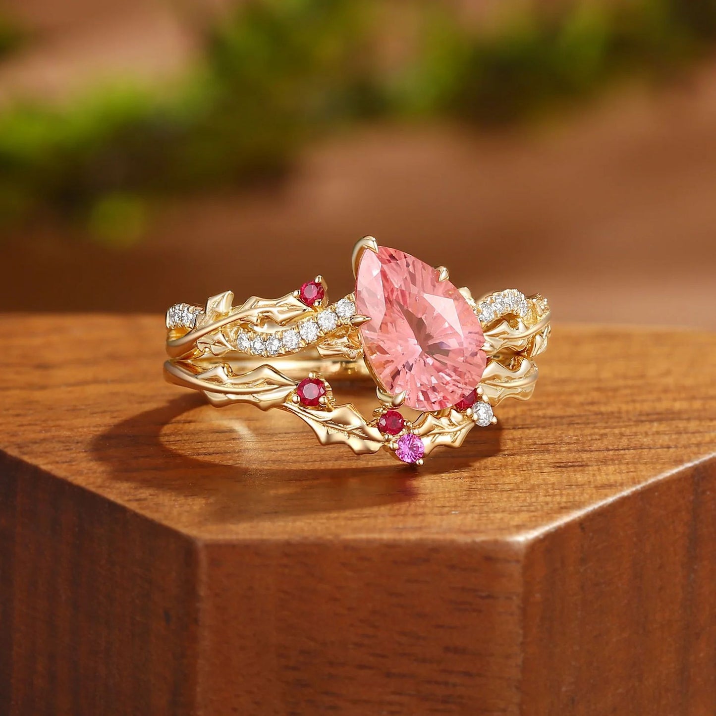 Kemstone Pink Sapphire Floral Ring Set for Women – Pear Shaped Gemstone Stackable Ring in S925 Sterling Silver 18K Gold Plated T7-YC0324RS