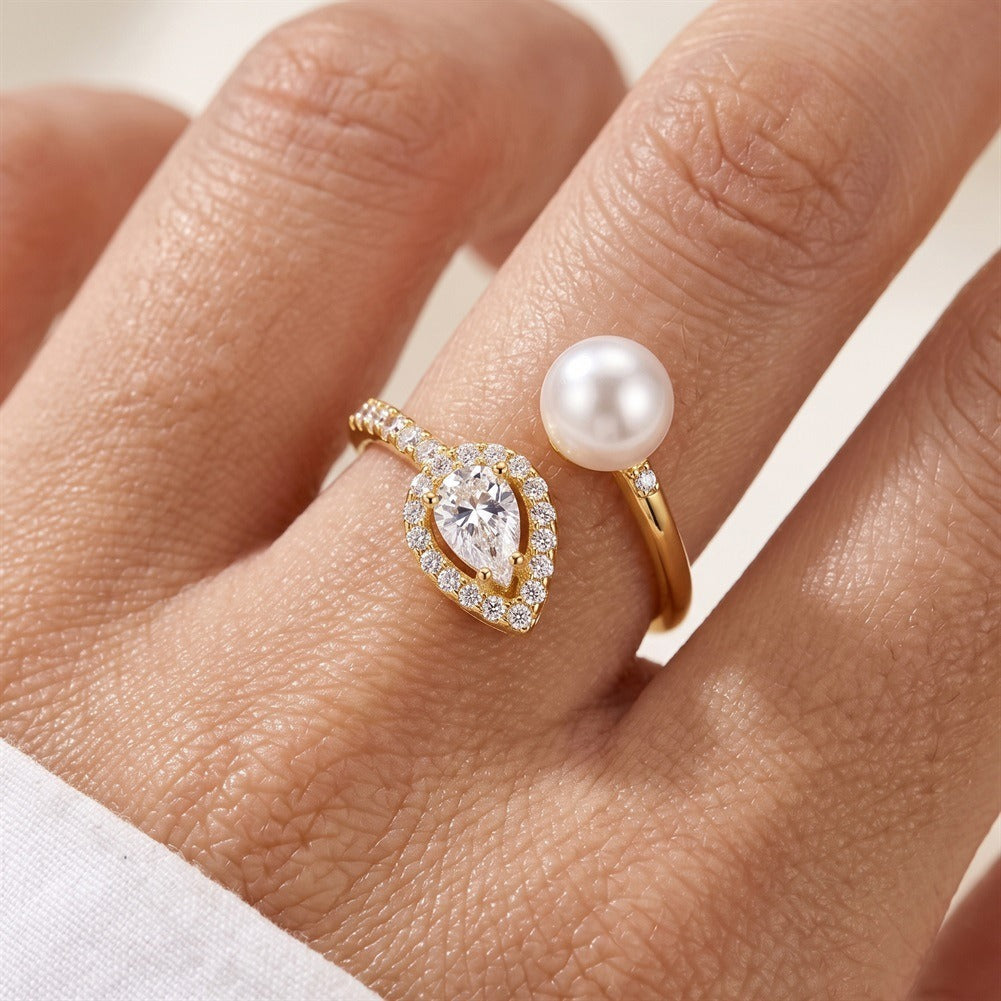 Kemstone Pearl Open Ring for Women 925 Sterling Silver Pear Cut Cubic Zirconia A4-PSR02