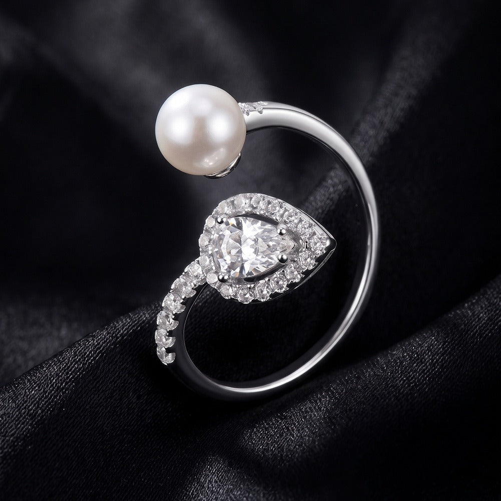 Kemstone Pearl Open Ring for Women 925 Sterling Silver Pear Cut Cubic Zirconia A4-PSR02