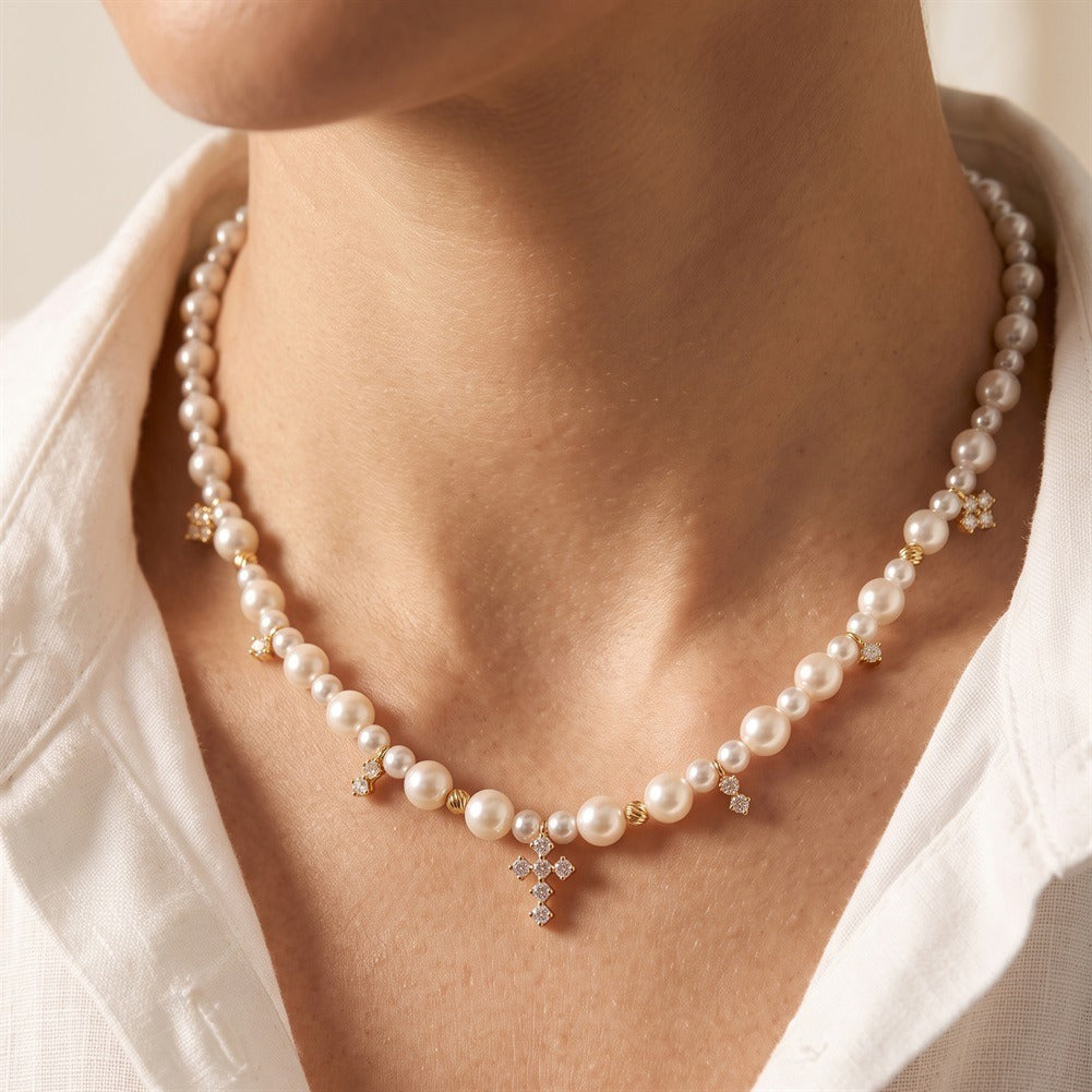 Kemstone Shell Pearl Cross Charm Necklace for Women 925 Sterling Silver PSN16