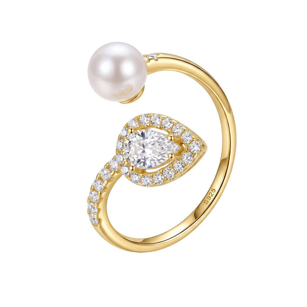 Kemstone Pearl Open Ring for Women 925 Sterling Silver Pear Cut Cubic Zirconia A4-PSR02